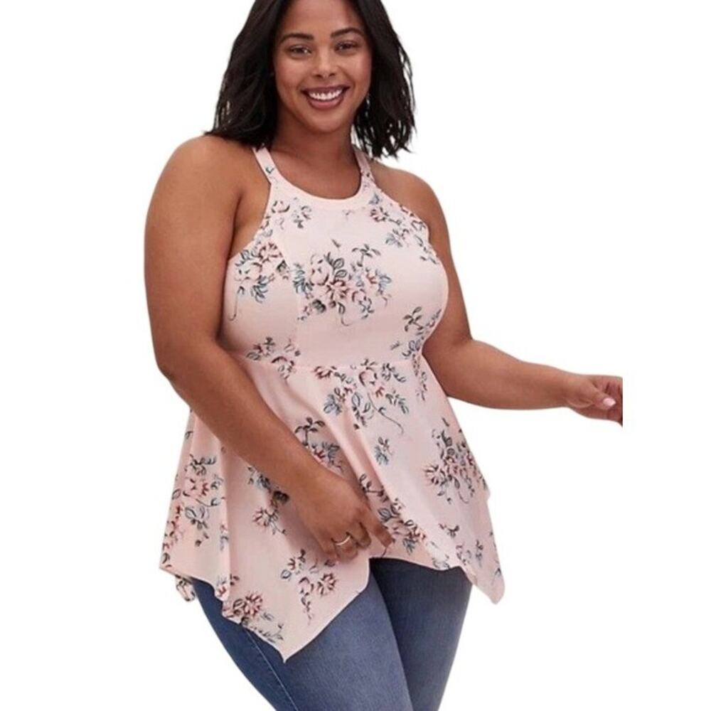 Torrid Women's Sleeveless Pink Floral Handkerchief Halter Hem Blouse Peplum 1X